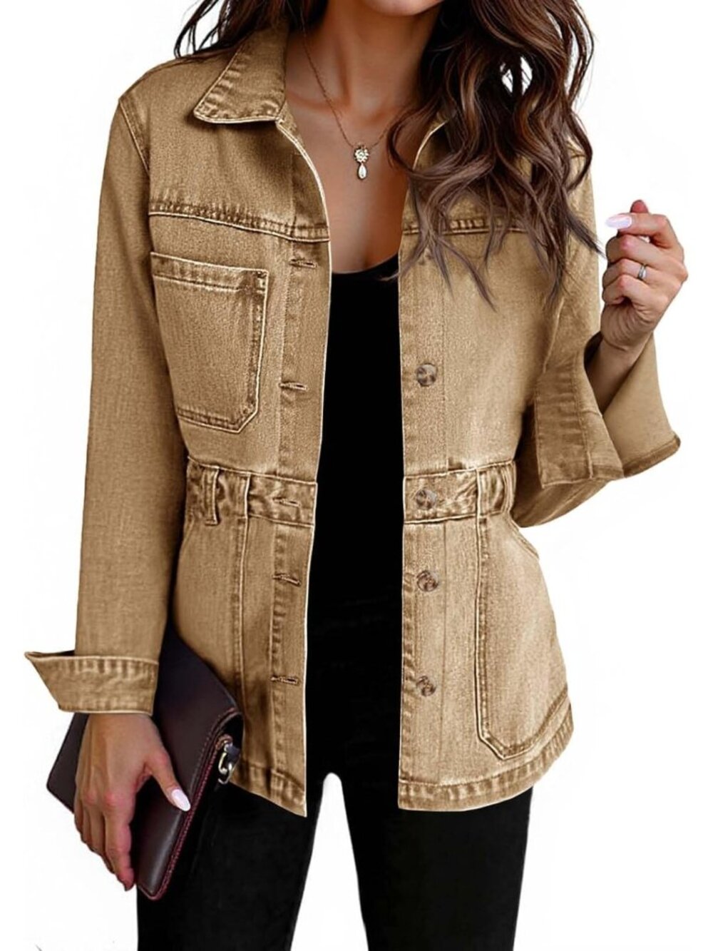 Women's Khaki Button Down Long Sleeve Side Pocket Casual Denim Jeans Jacket